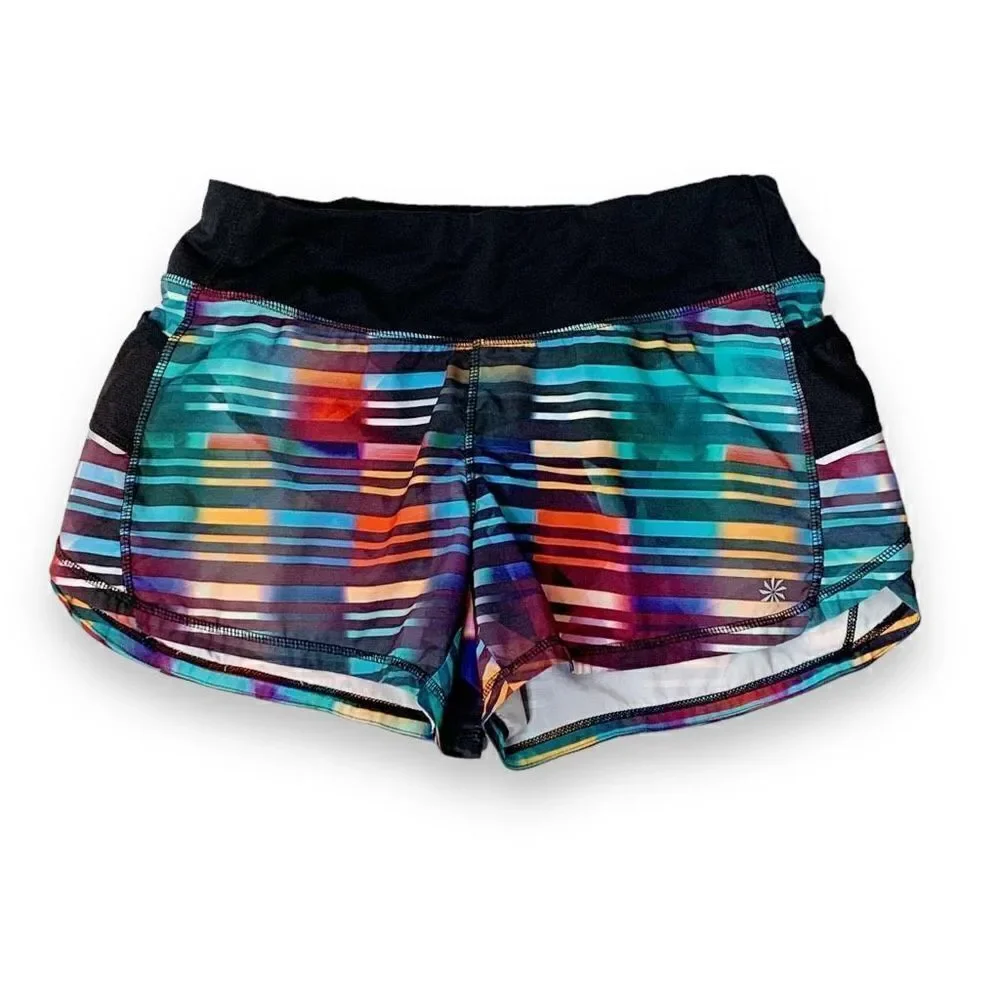 Athleta Laser Beam Ready Set Go Running Shorts Multicolor Stripe Women’s Size- S